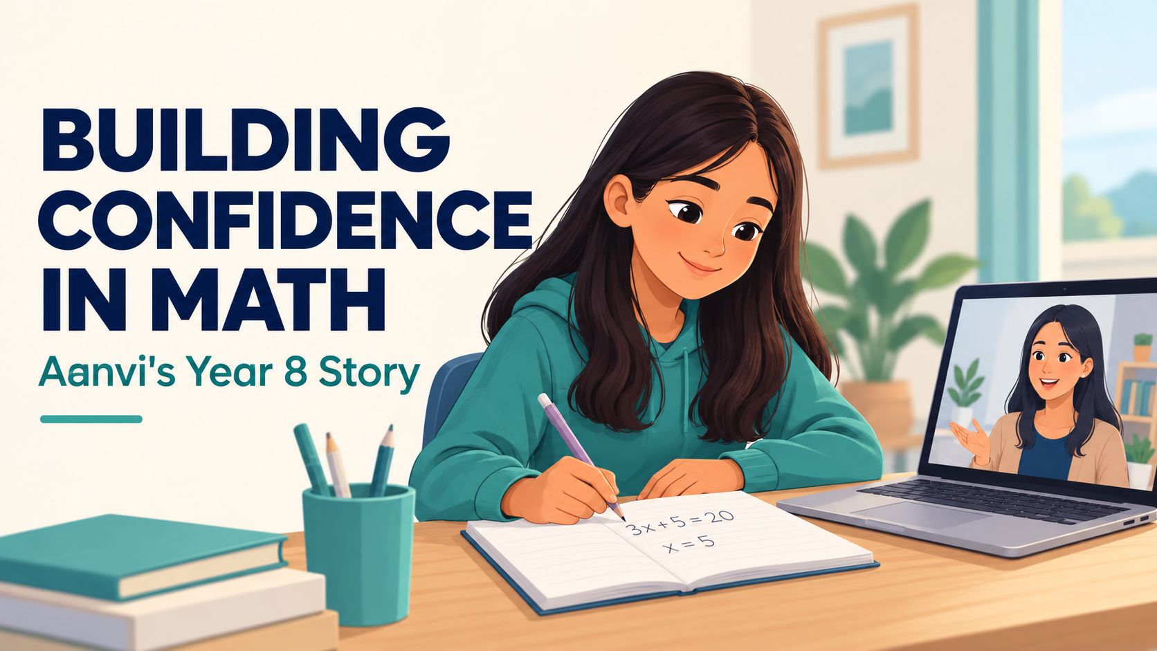 Illustration of a student practicing math with an online tutor, with the headline Building Confidence in Math.